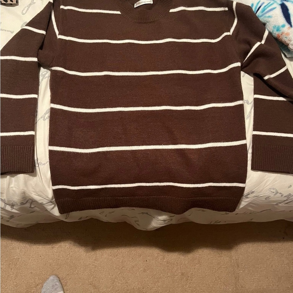 Brown and White Striped Women's Sweater